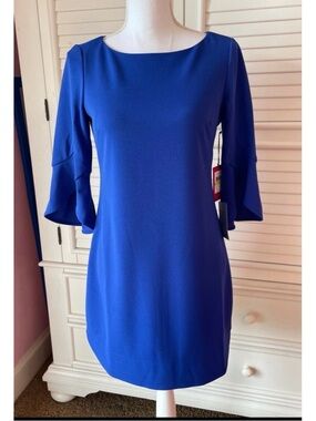 Vince Camuto Blue Shift Dress Petite 4P Bell Sleeve Career Dress